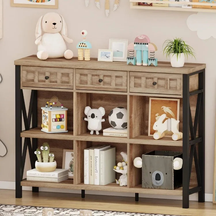 Rustic 3-Tier Sofa Table with 3 Drawers, Hallway Entry Table with Natural Wood Grain & Industrial Metal Frame