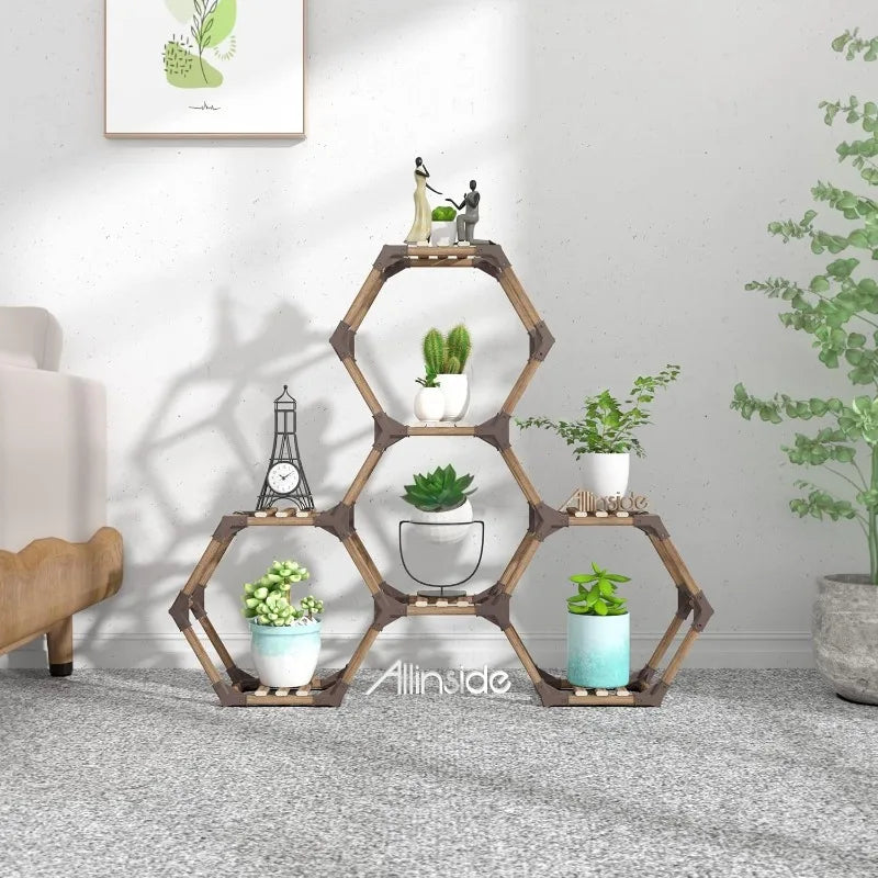 Indoor or Outdoor Hexagonal Plant Stand, 100% Natural Wood, 9,11 & 13 Tiers