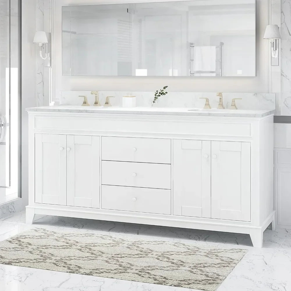 Double Ceramic Sink Bathroom Vanity with Marble Top, 3 Drawers & 2 Double Door Cabinets, 61" or 73" Length Options