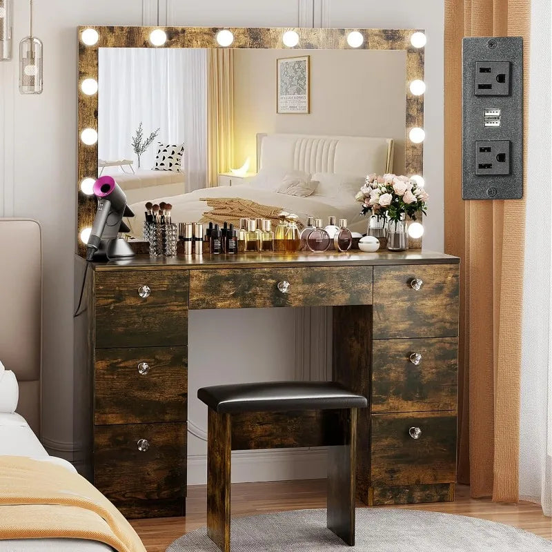 Makeup Vanity Desk 44" with 14 Led Lighted Mirror, Power Outlet and 7 Drawers, 3 Color Lighting Modes