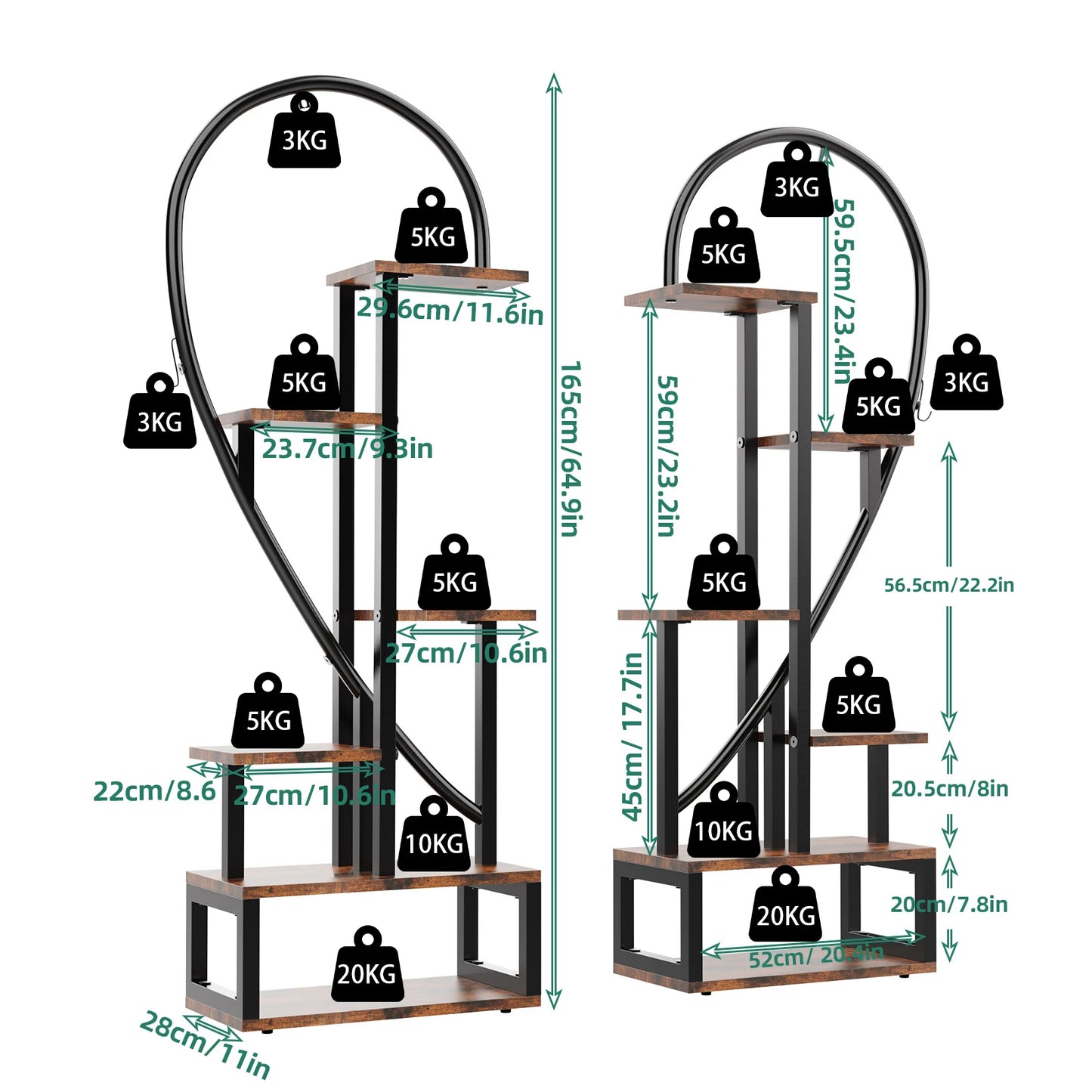 Half Heart Shape 6-Tier Stand for Indoor Plants, Black Painted Metal Frame with Wood Platforms, 2-Pack