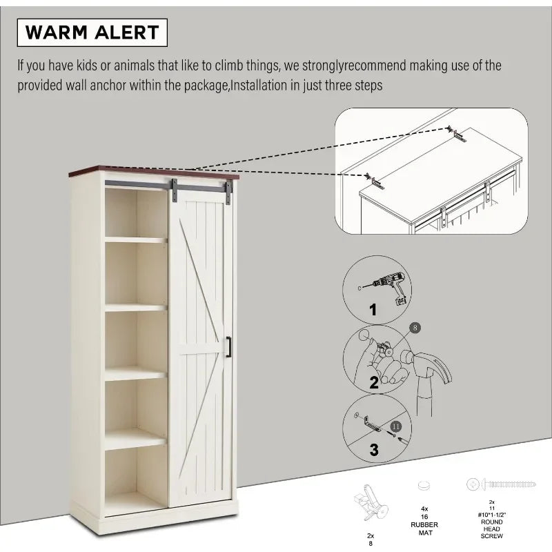 Kitchen Pantry Storage Cabinet 72", with Barn Style Sliding Doors, 4 Adjustable Shelves, Freestanding Cupboard, Antique White