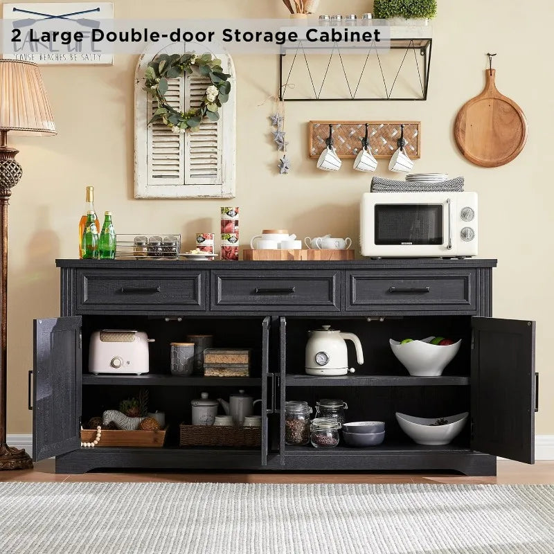 Large Buffet Sideboard Cabinet 66" with  Spacious Tabletop, 3 Drawers & Adjustable/Removable Shelves Behind 4 Doors