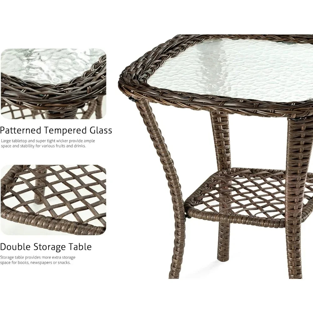 Glider 3 pc Wicker Set with Thick Cushioned Chairs & Wavy Glass Table Top, 360° Swivel Chairs That Rock Forward & Backward