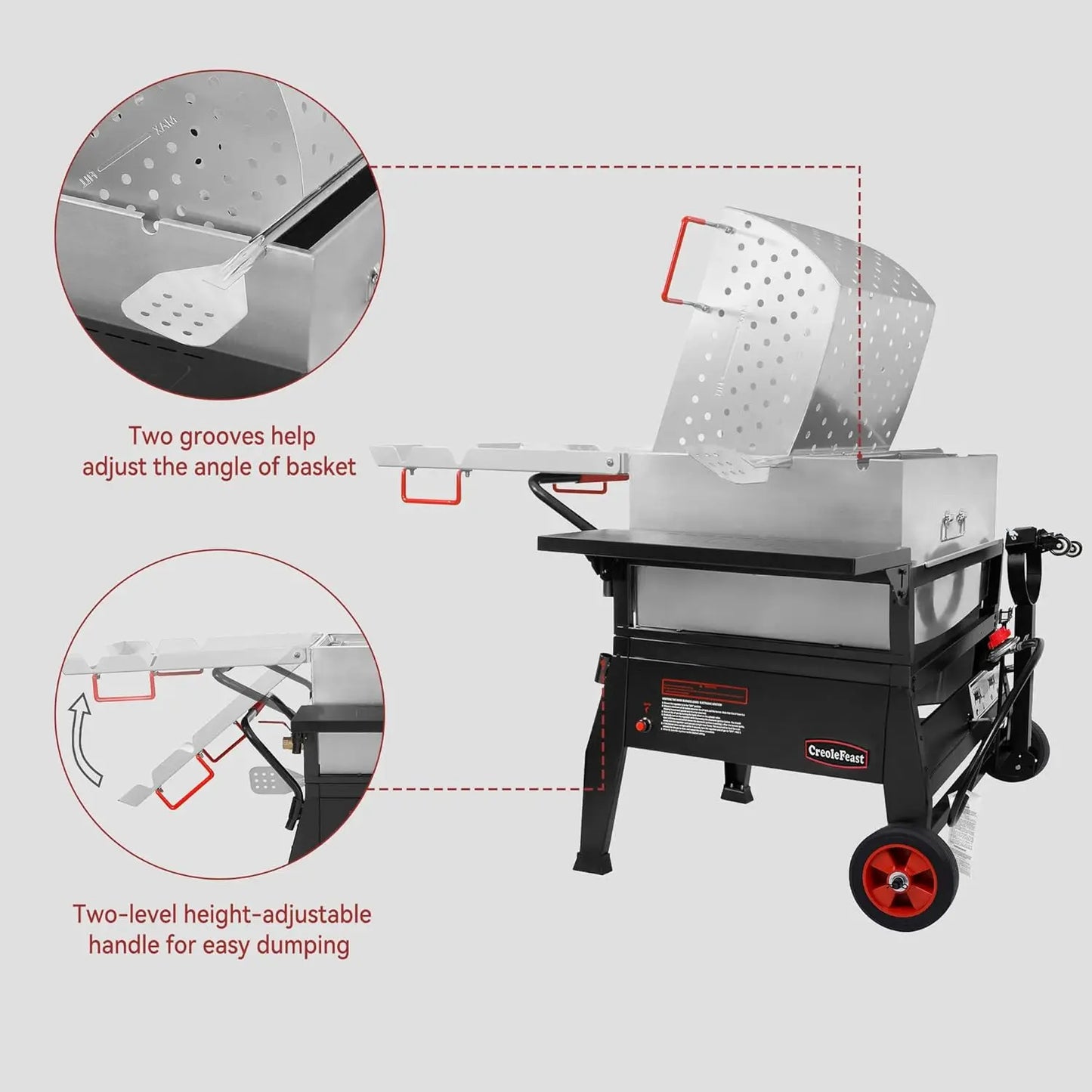 Crawfish Seafood Boiler 90 qt. with 10-psi Regulator & Tank Mounting Bracket, Easy-for-Dumping Design, Folding Front Table