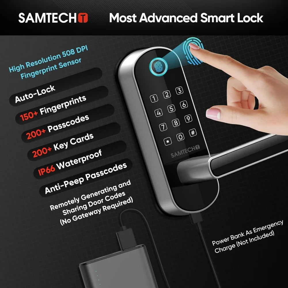 Wi-Fi Digital Fingerprint Front Door Lock with Handle, Generate 5 Different Types of Access Codes, App/Software is Free