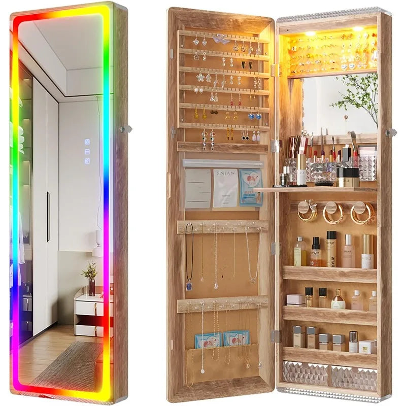 Jewelry Cabinet 47.2" Tall with LED RGB Multi-Lighting & Full-Length Mirror, Wall Mount or Over The Door Hanging