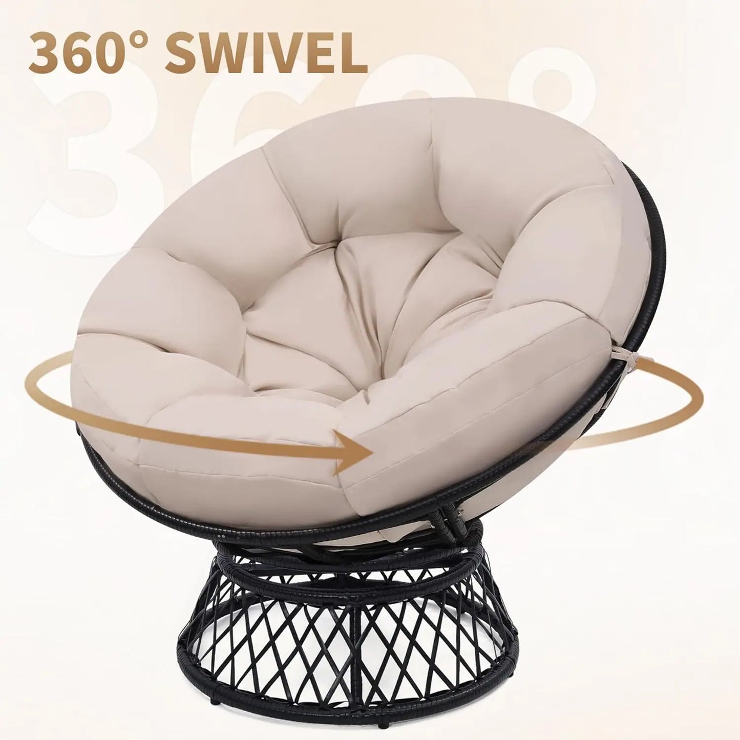 44" Extra Large Rattan Papasan Chair with 7" Thick Beige Cushion, Black Powder Coated Steel Frame, 360° Rotation Swivel & Adjustable Feet