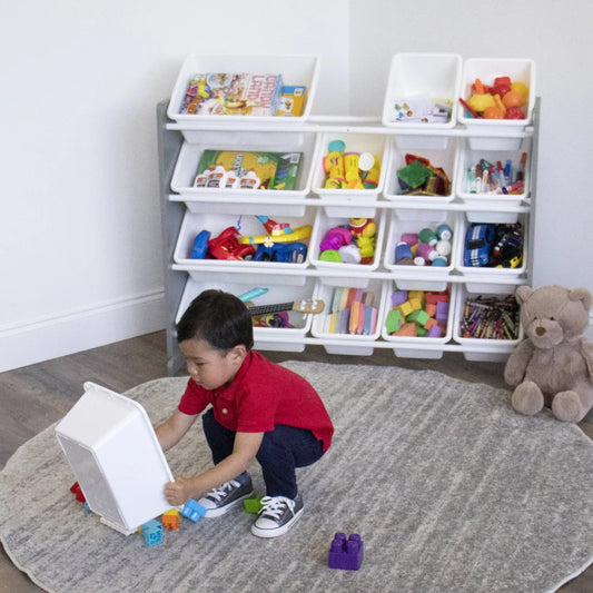 Kids Natural Wood Toy Storage Organizer with 16 White Plastic Storage Bins, Removable Storage Bins for Playtime & Easy Clean Up