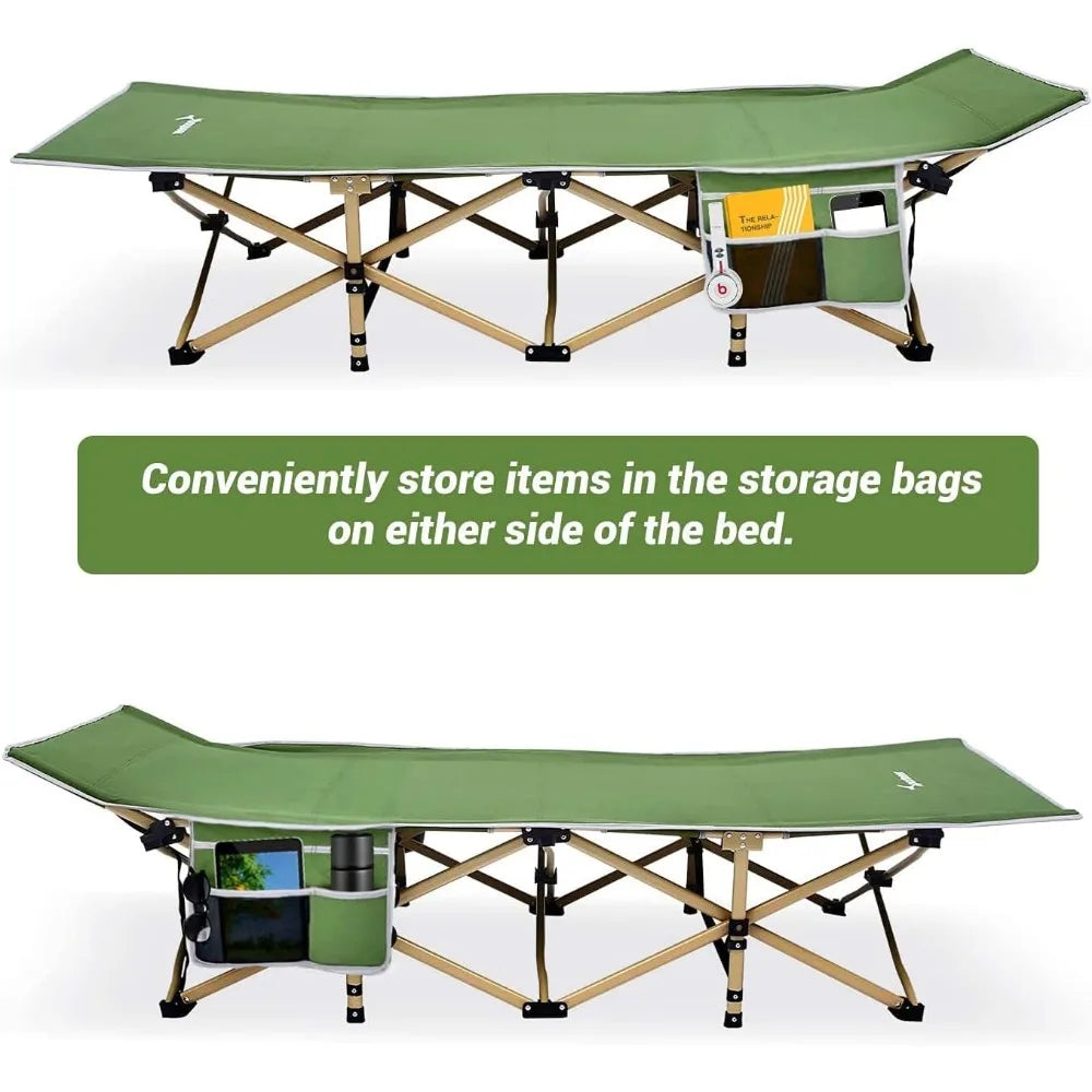 Extra Wide Portable Camping Cot with 2 Side Pockets, Folds Up & Slides into the Carry Bag in 10 Seconds