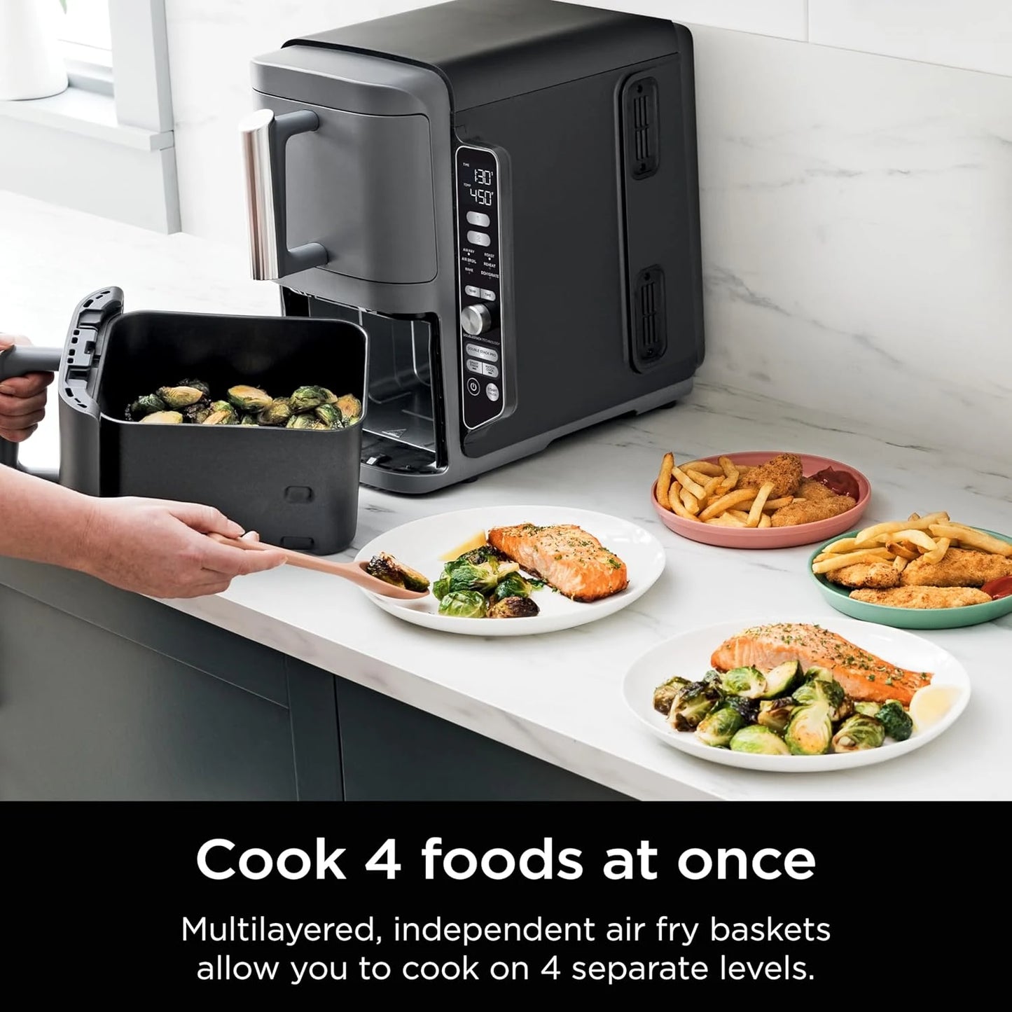 Compact Design Double Stack XL 2-Basket Air Fryer, 10 Quart Capacity, Cooks 4 Foods at Once with Stacked Metal Racks