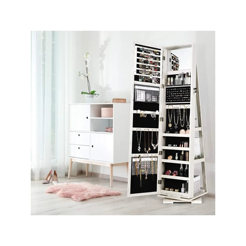 Jewelry Armoire with Full Length Mirror, Inside Makeup Mirror, 3 Backside Storage Shelves & 360° Rotating Base, Lockable Organizer Cabinet