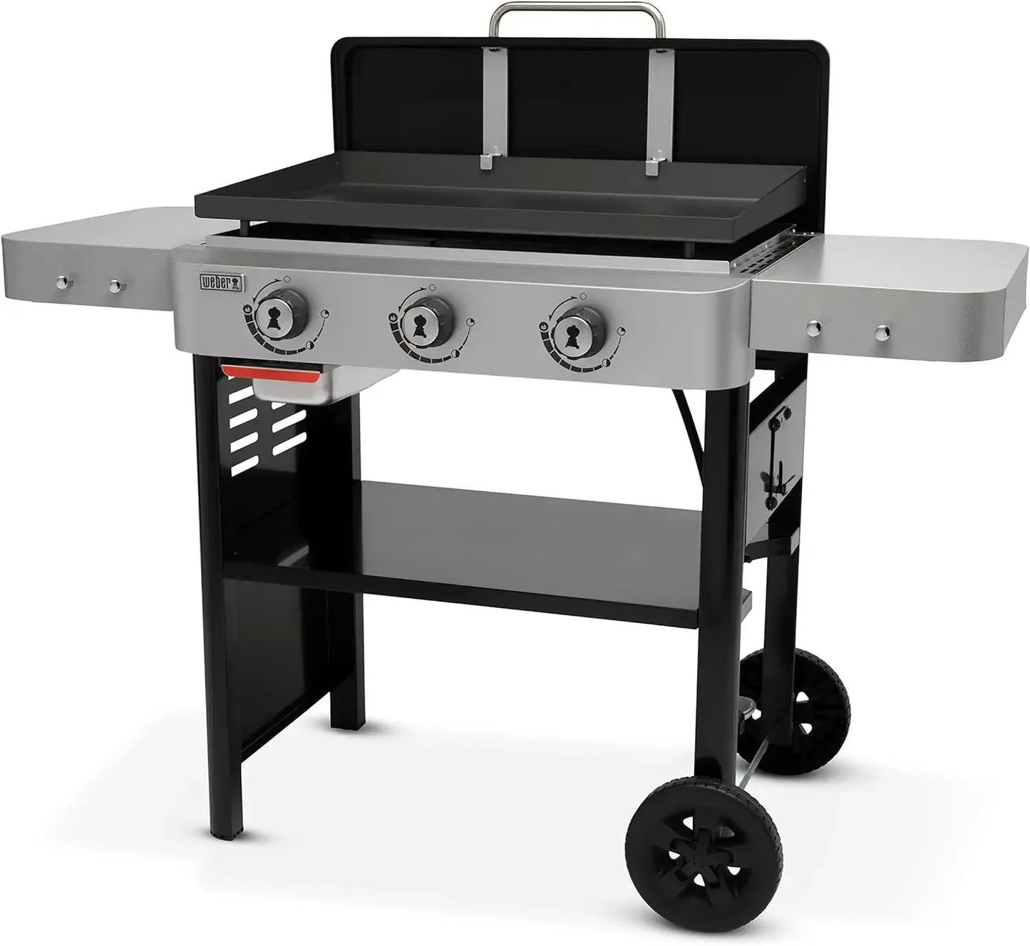 Large Wheel Portable Gas Griddle 28" with 3 Burner System, Front-Access Grease Tray & 2 Side Tables with 4 Grilling Tool Hooks