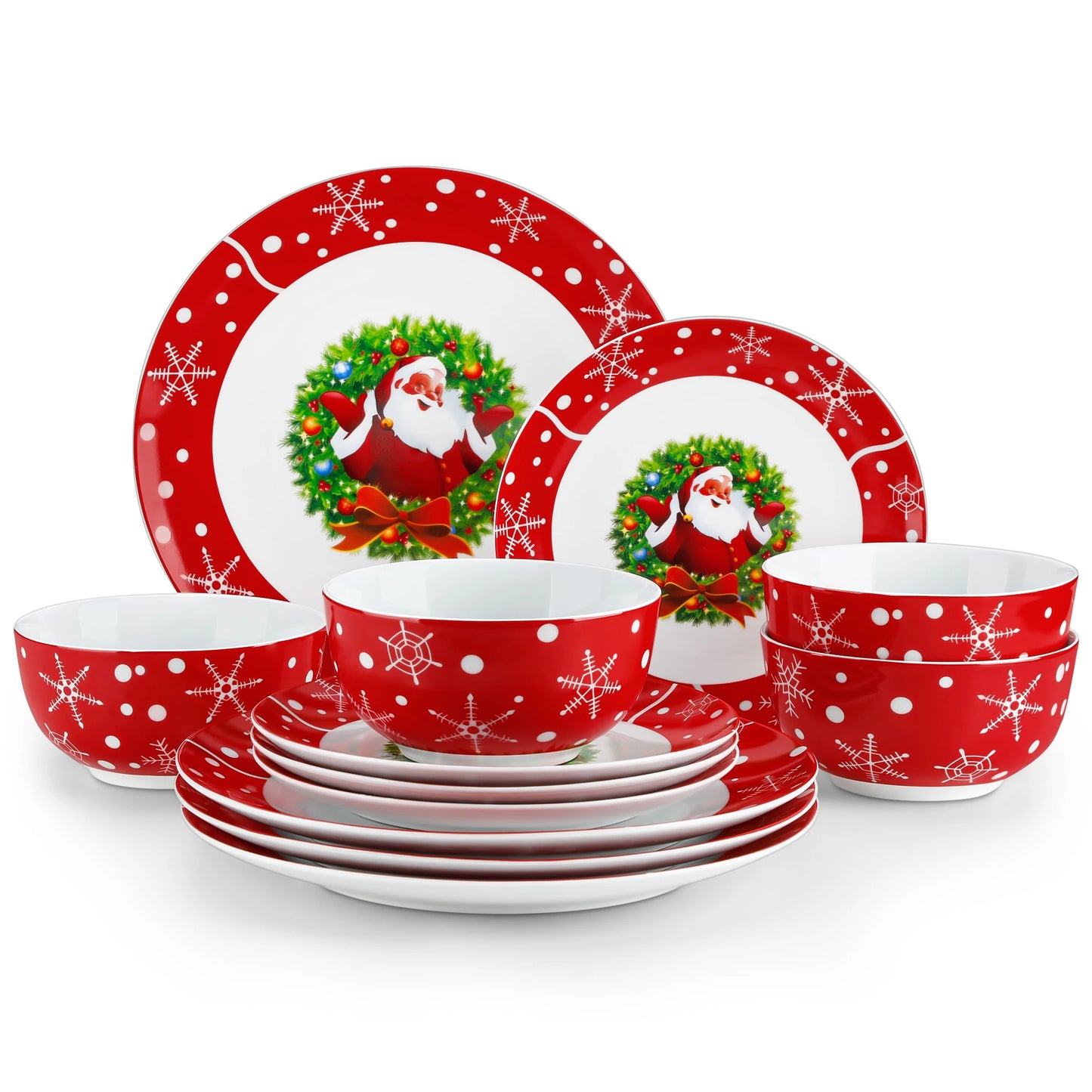 Santa Claus Christmas Dinnerware Set with Dinner Plates, Dessert Plates, Soup Plates & Cups, Premium-Grade Porcelain, Microwave & Dishwasher Safe