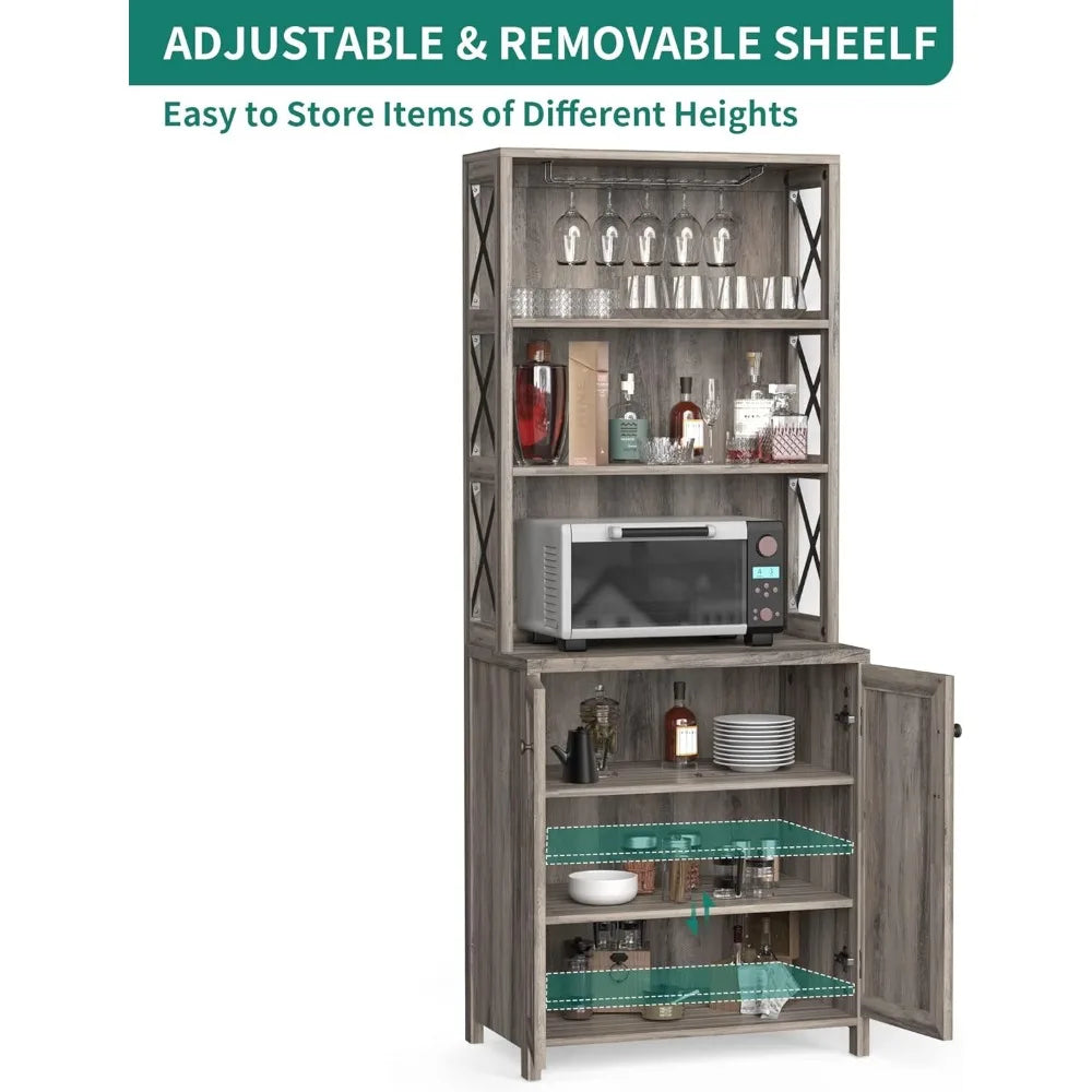 Bar Cabinet with Wine Glass Rack, Open Storage Shelves & Adjustable Shelf Behind Doors