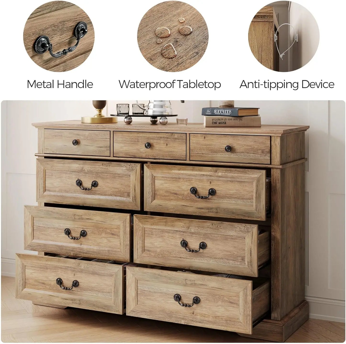 Farmhouse 9 Drawer Dresser for Bedroom with Natural Wood Grain, Antique Metal Finish Pull Handles & Waterproof Top