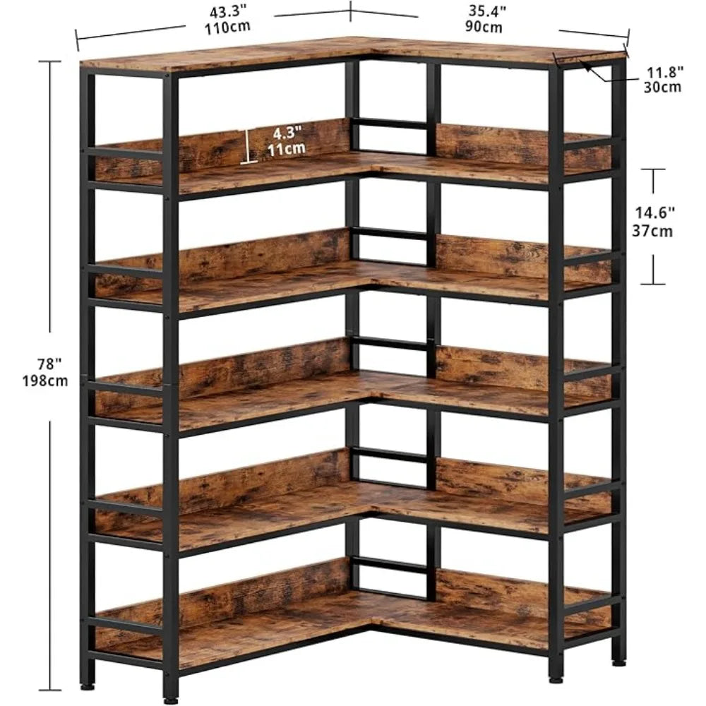 Metal Frame Industrial Bookshelves, 78" Tall 6-Tier Corner Bookcase with 12 Shelves & Wood Baffles