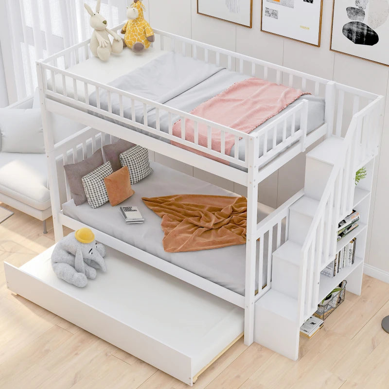 Twin Bunk Beds with a Trundle Bed & Open Staircase with Storage Shelves, Bedroom Furniture with Three Sleeping Areas