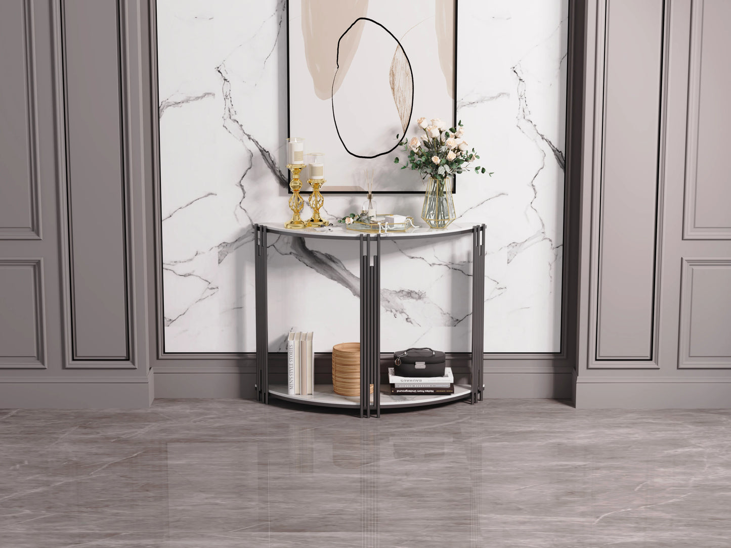 Half Moon 2-Tiered Entryway Table with Glossy White Sintered Stone Top & Black Metal Base, Place Against a Wall or The Back of Sofa