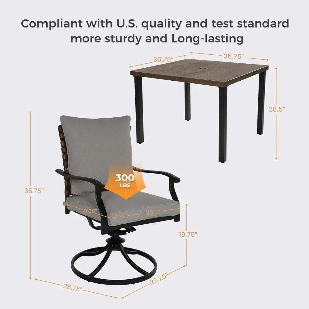 Outdoor Dining 5-Piece Set, 4 Leather-Style Wicker Swivel Patio Chairs & 1 Square Woodgrain Dining Table, 360° Swivel & 15° Gentle Rocking