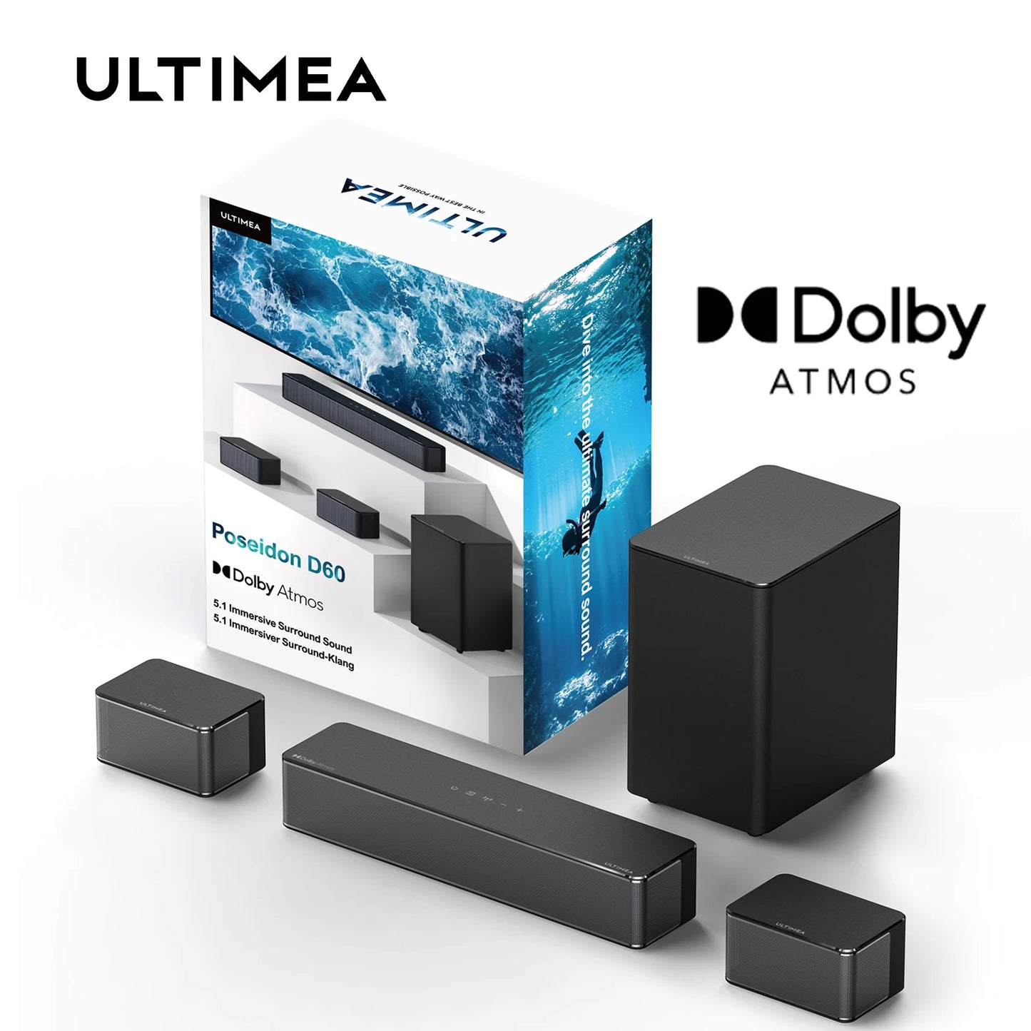 Soundbar with 2 Speakers & Subwoofer, Dolby Atmos 5.1 Surround Sound System for TV, Deep Bass, Home Theater TV Speakers