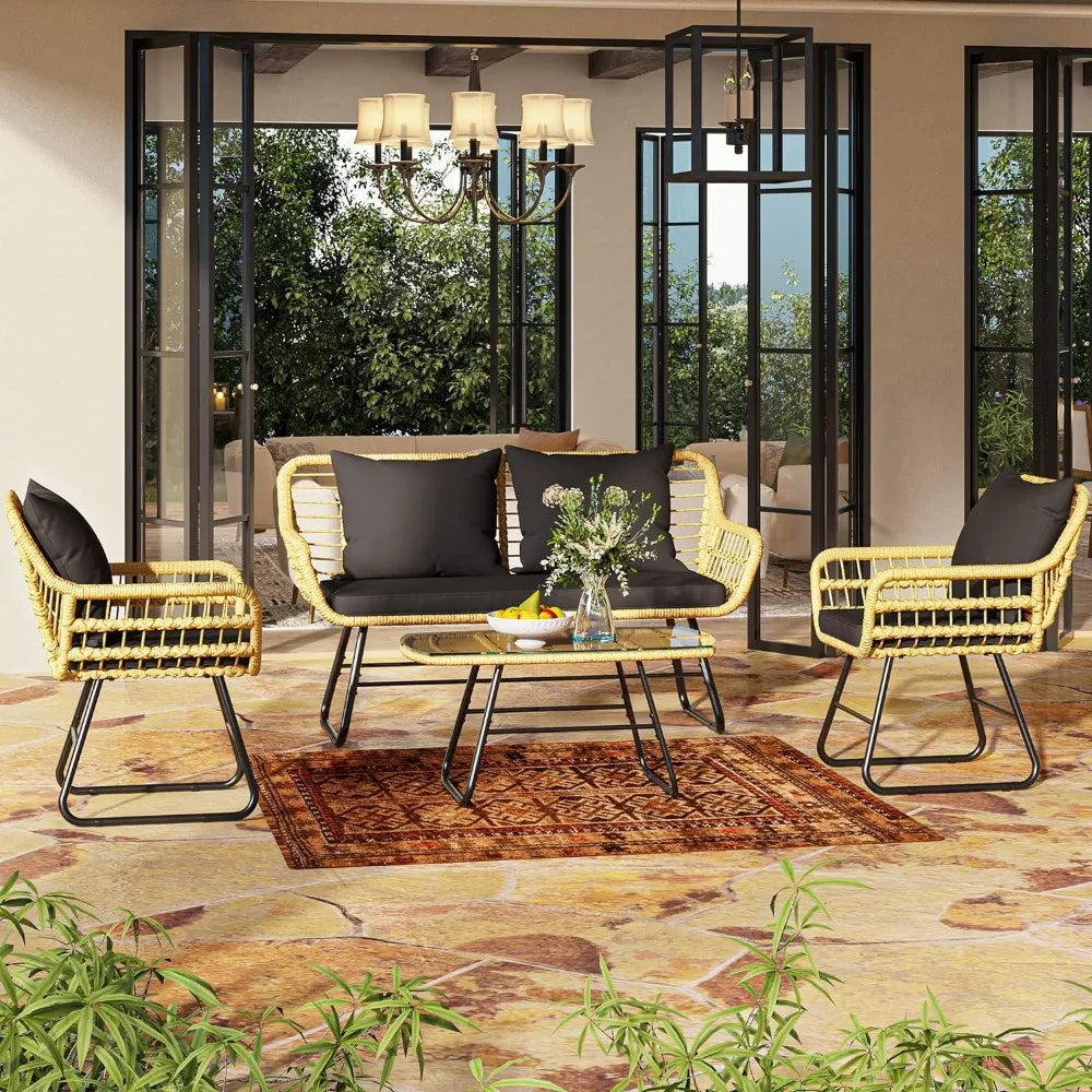 Outdoor Backyard Patio Furniture Set 4pcs, Wicker, Glass Top Table