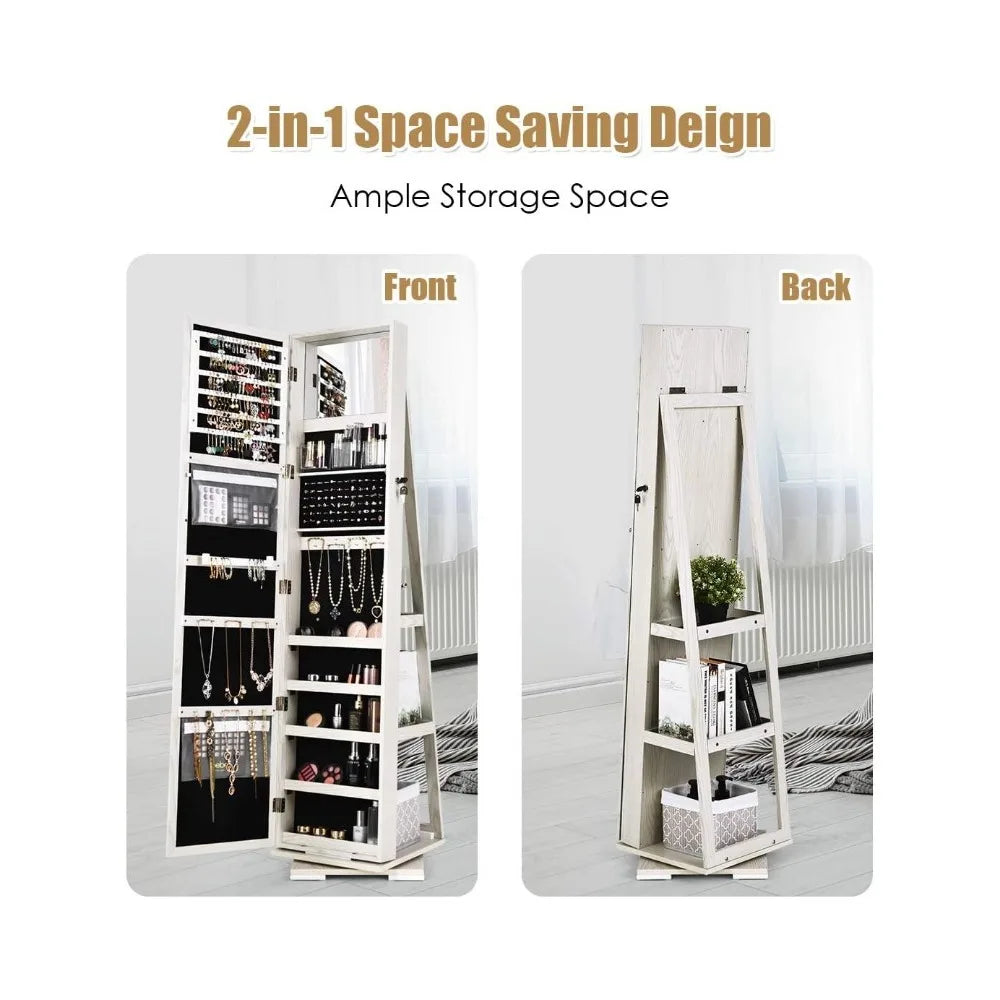 Jewelry Armoire with Full Length Mirror, Inside Makeup Mirror, 3 Backside Storage Shelves & 360° Rotating Base, Lockable Organizer Cabinet