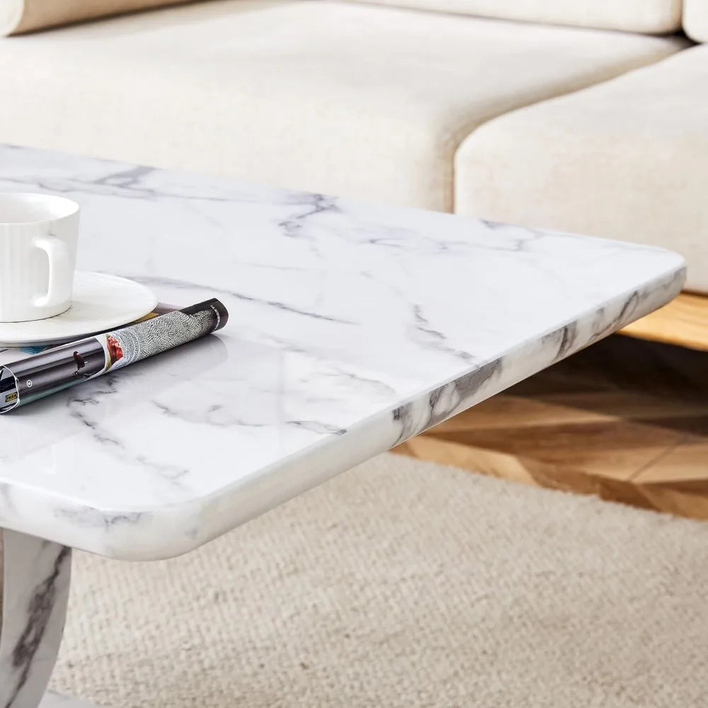 Rectangular Faux Marble Coffee Table with a 47" Long 1.41" Thick Top & Sturdy Base, Available in Five Stunning Colors