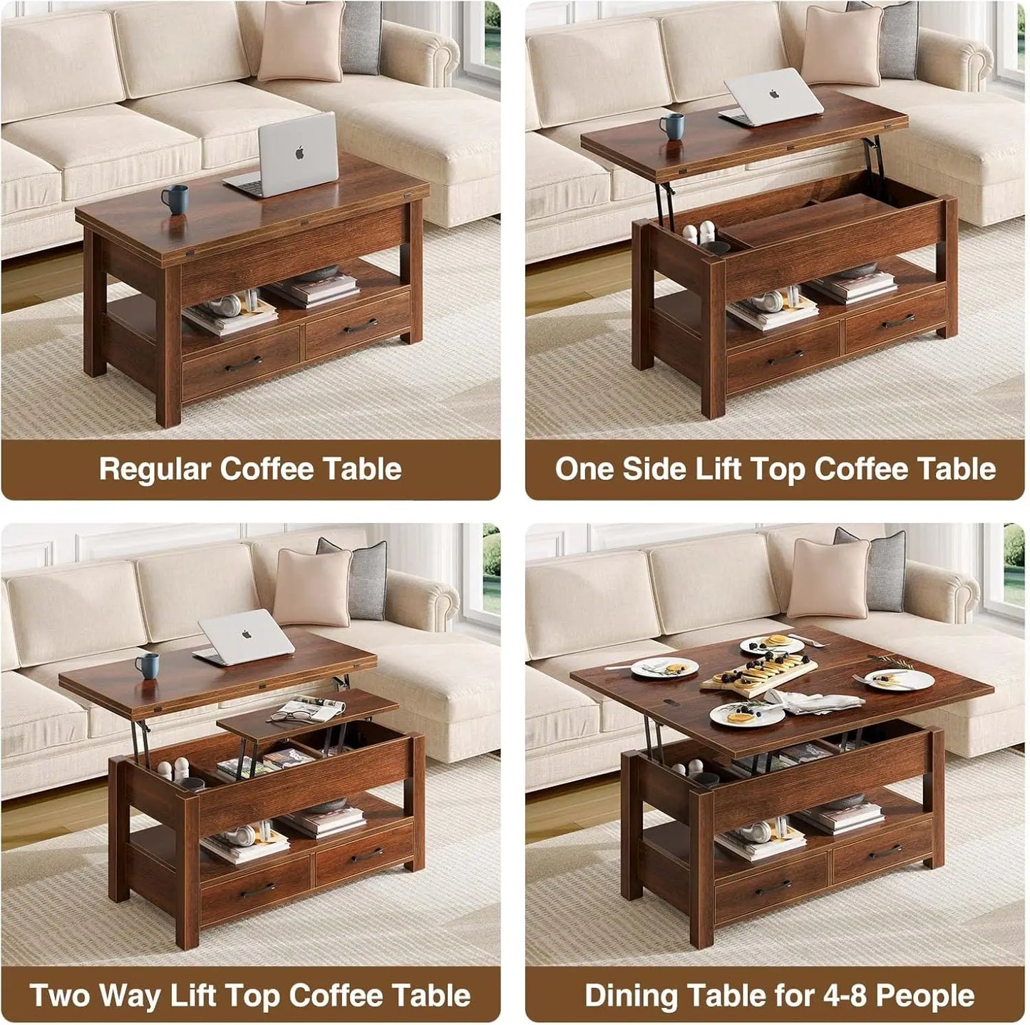 Split Lift Top Coffee Table with 3 Hidden Storage Areas & 2 Sliding Drawers, Multi-Functional Table for Smaller Rooms