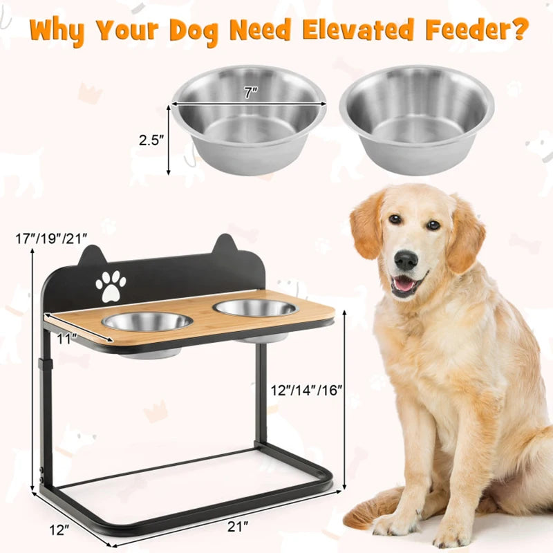 Adjustable 3 Height Metal Feeding Stand with 2 Stainless Steel Bowls, Promotes Healthy Eating Posture for Dogs