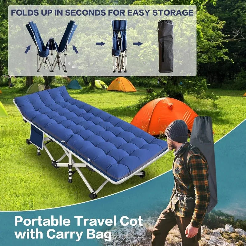 Heavy Duty Steel Frame Camping Cots with Pad, Removable Cushion, Side Storage Pockets & Carry Bag, Foldable & Portable Design, 2 Pack