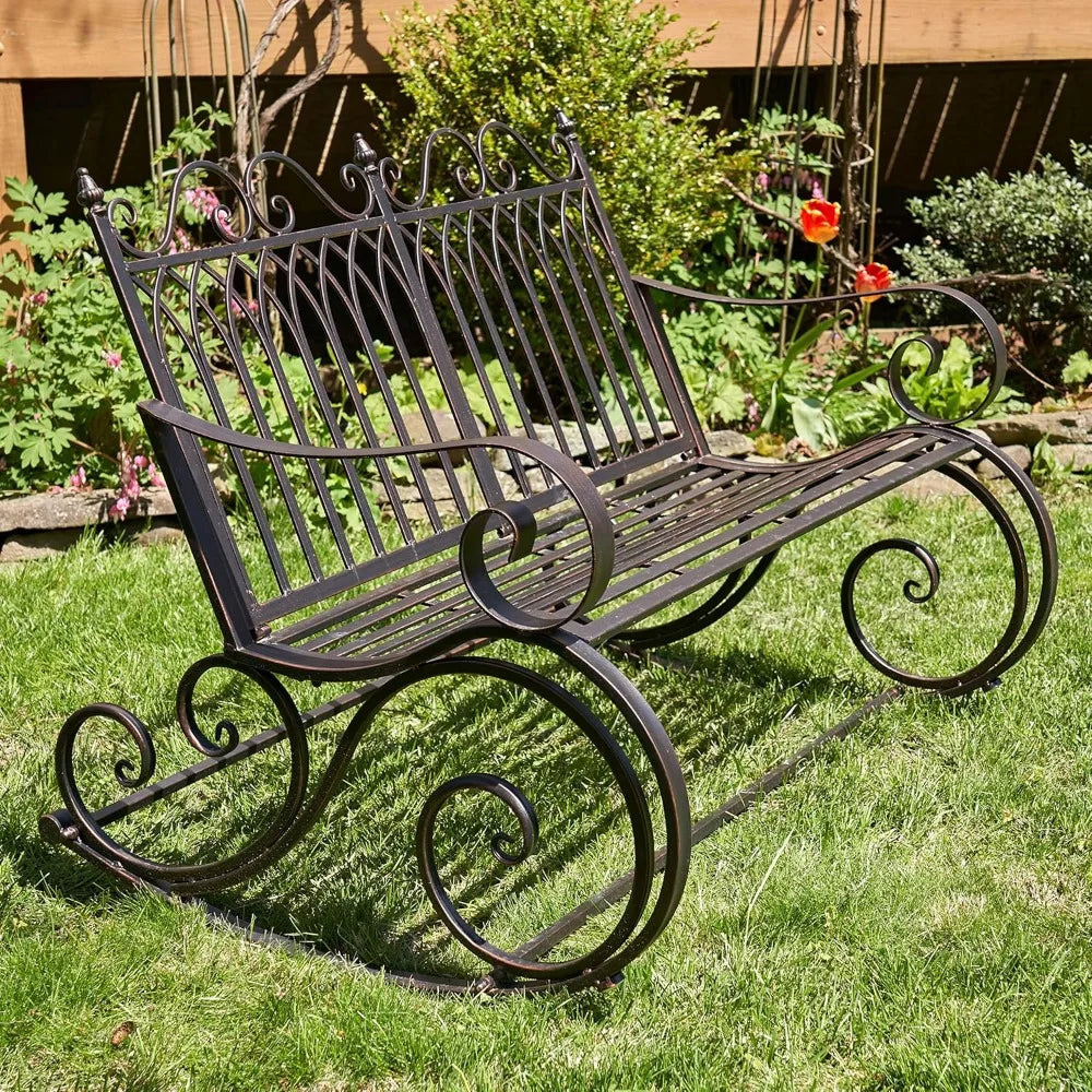 Indoor or Outdoor Metal Rocking Bench with Arm Rests & Curved Seat, 7 Coats of Paint to Create a Multi-Tone Distressed Bronze Finish