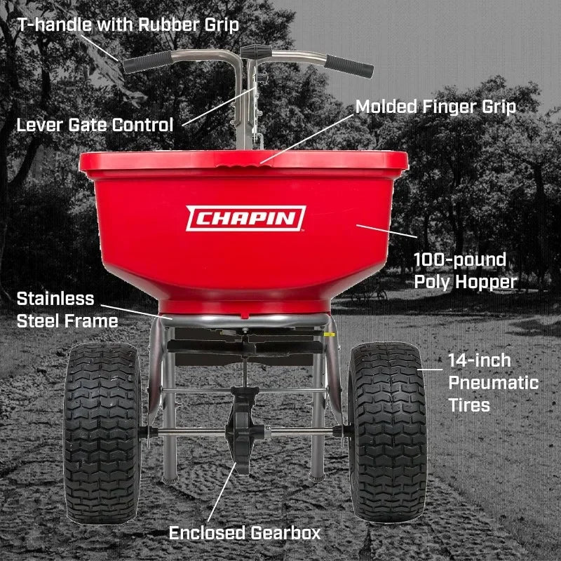 Professional Sure Spread Turf Spreader with 100lb Capacity Polly Hopper, 14" Pneumatic Tires, Stainless Steel Frame, Enclosed Gear Box