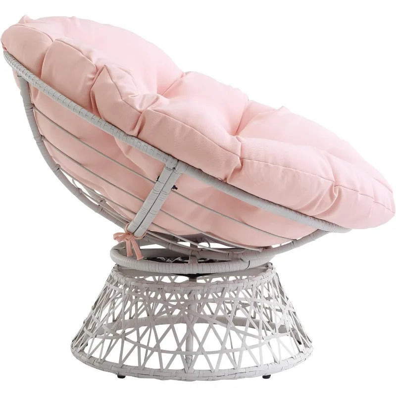 Cream-Framed Resin Wicker Lounge Chair with 360° Swivel & Fluffy Pink Tufted Cushion