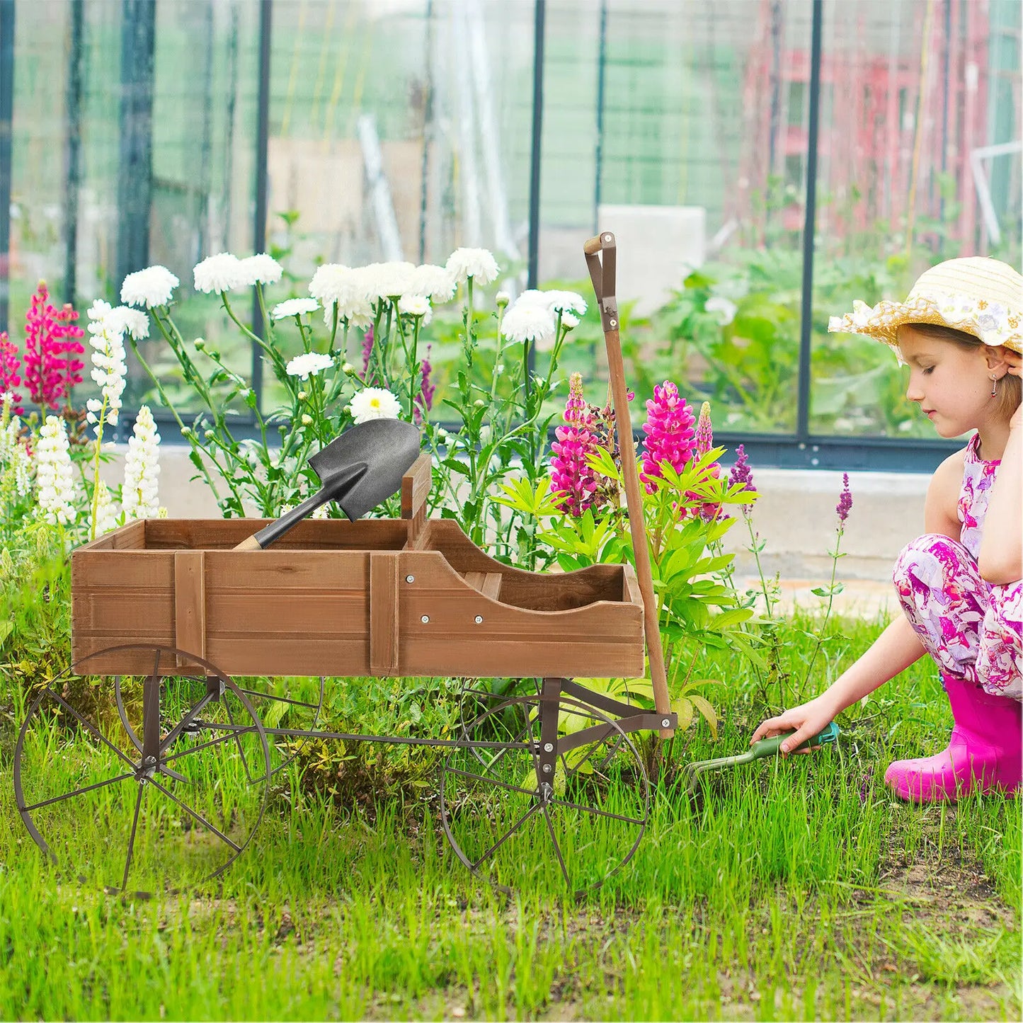 Wood Wagon Garden Planter with Wheels & Pull Handle, 2 Planting Sections