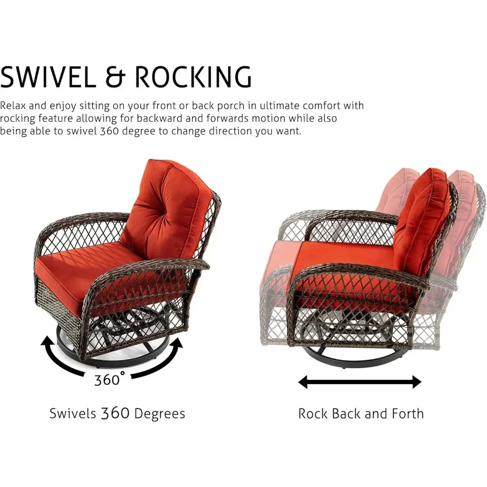 Glider 3 pc Wicker Set with Thick Cushioned Chairs & Wavy Glass Table Top, 360° Swivel Chairs That Rock Forward & Backward