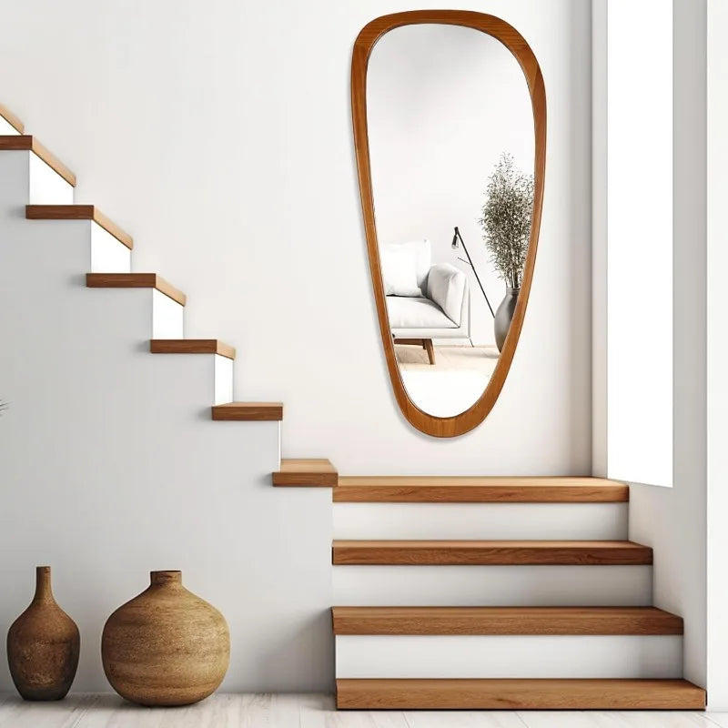 Irregular-Shaped 4' Solid Pine Framed Mirror, Smooth Curved Design, 4x D-Rings for Wall Mounting