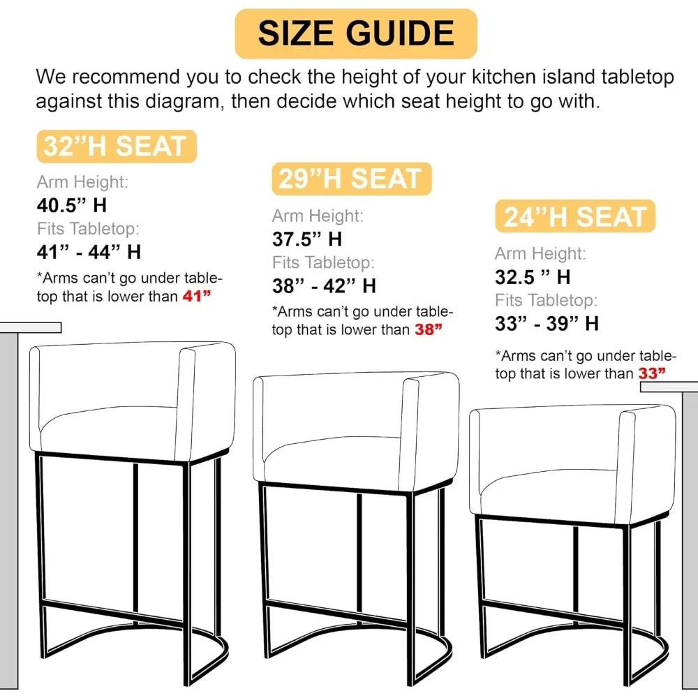 Kitchen Counter Island Stools, Set of 3 with Upholstered Fabric & Black Metal Base, 24" Seat Height, Arched Backrest with Armrests