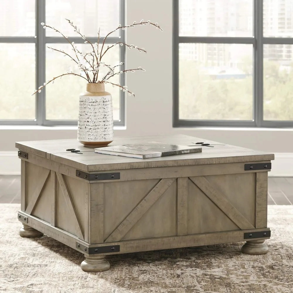 Farmhouse Square Coffee Table with Hidden Storage under 2 Side-Hinged Lift Tops, Weathered-Look with Metal Accents