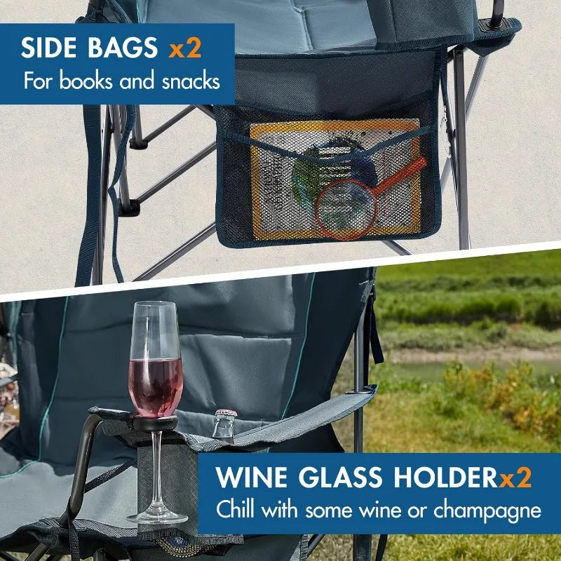 Foldable 2 Person Camping Chair with Higher Seating Height, Side Pockets, Cup Holders, Wine Glass Holder & Bottle Opener