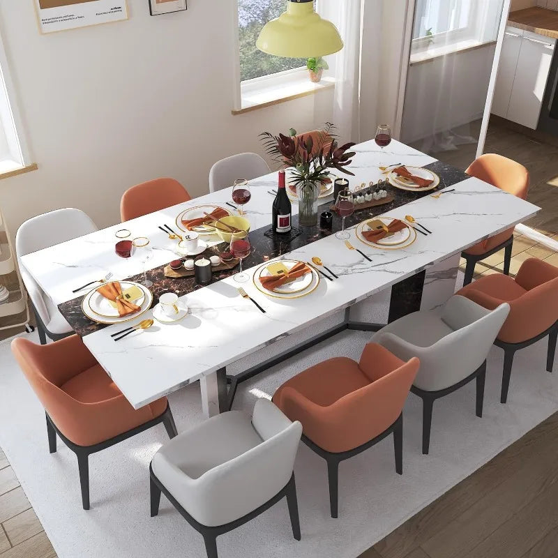 Rectangular 71" Dining Table for 4-8 People with Marble-Like Texture Tabletop, Adjustable V-Shaped Legs & Reinforced Crossbars for Stability