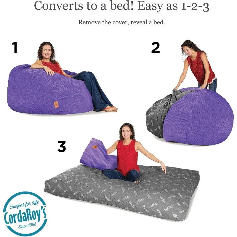 Corduroy Bean Bag Chair, 42" in Diameter with Machine-Washable Corduroy Fabric Cover; Remove the Cover & Reveal a Full Size Bed