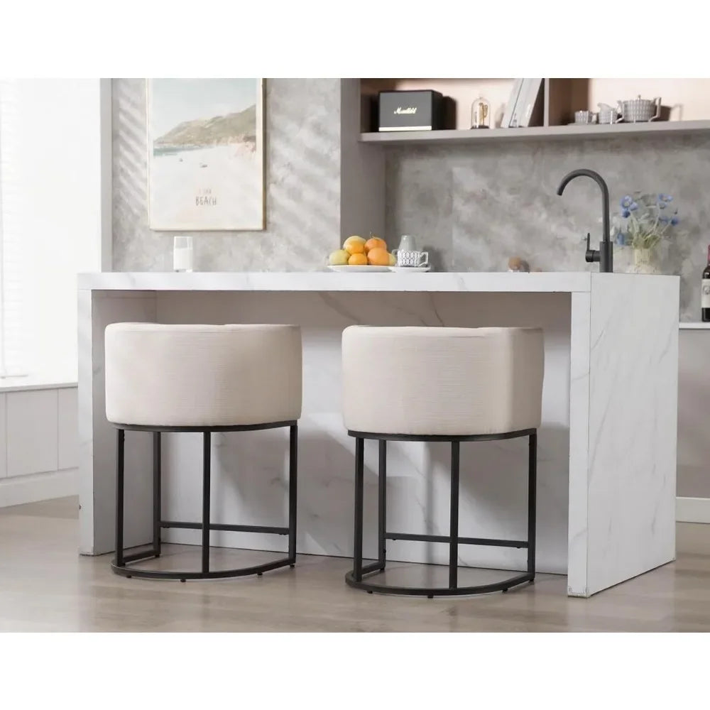 Kitchen Counter Island Stools, Set of 3 with Upholstered Fabric & Black Metal Base, 24" Seat Height, Arched Backrest with Armrests