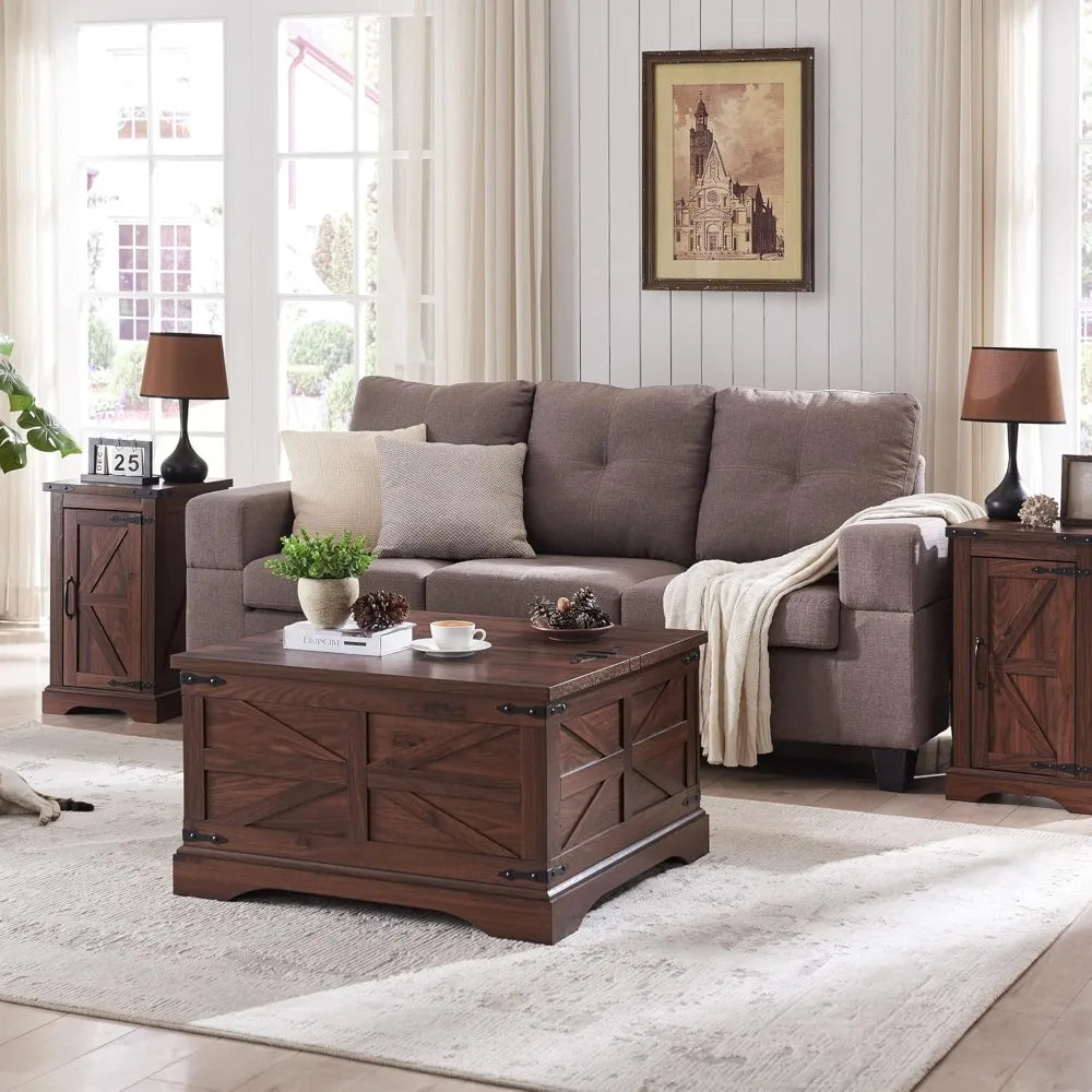 Square Wooden Table with Hidden Storage Compartment Under the Dual Liftable Tabletop Sections, Classic Barn Door Pattern Design