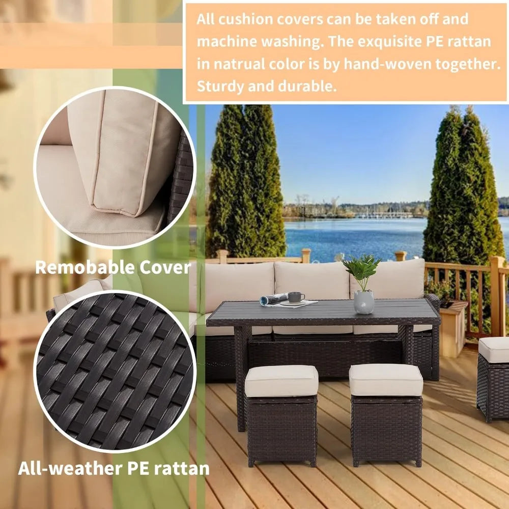 All Weather Wicker Rattan Patio Furniture 7 piece Set, Sectional Sofa Conversation Set, Washable Cushion Covers