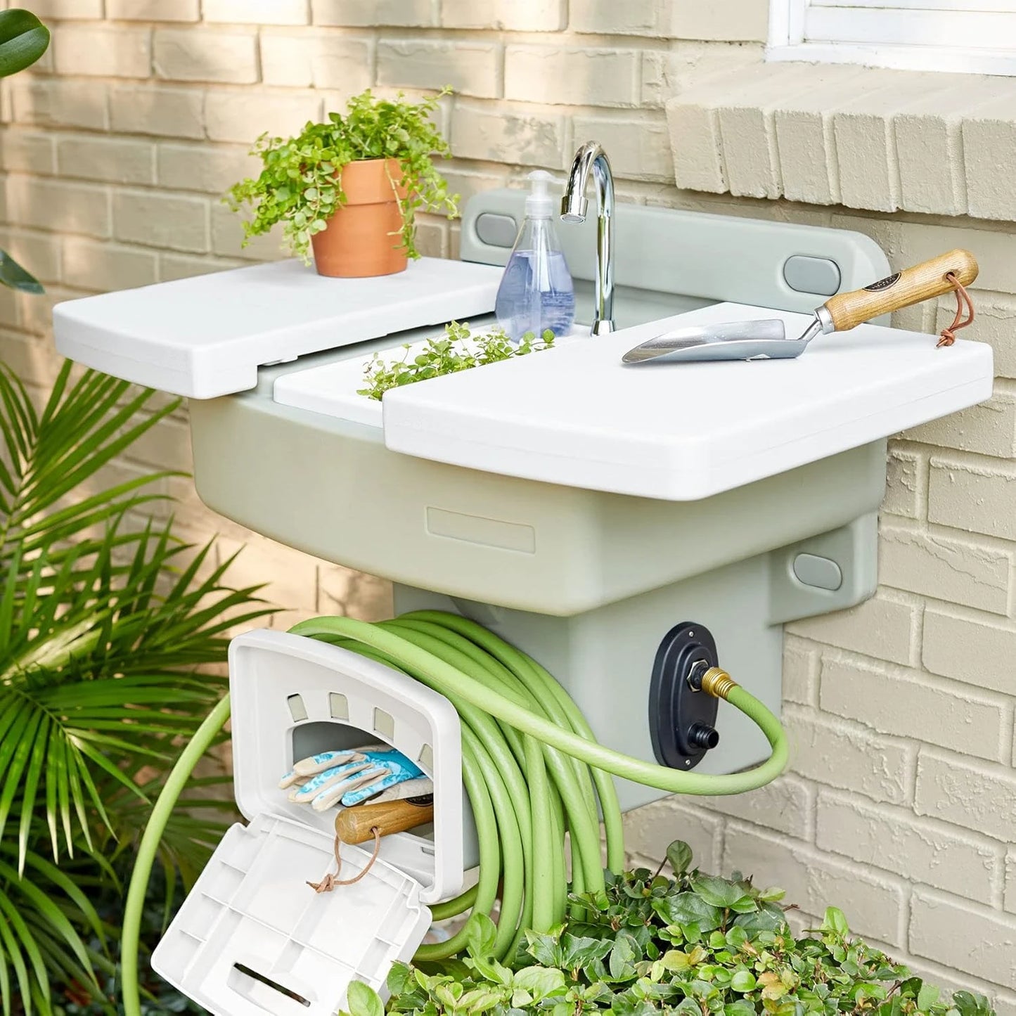 Wall Mounted Outdoor Garden Sink with Hose Holder, Sliding Sink Cover & Utility Storage; - No Plumbing Required, Mount to a Outdoor Faucet