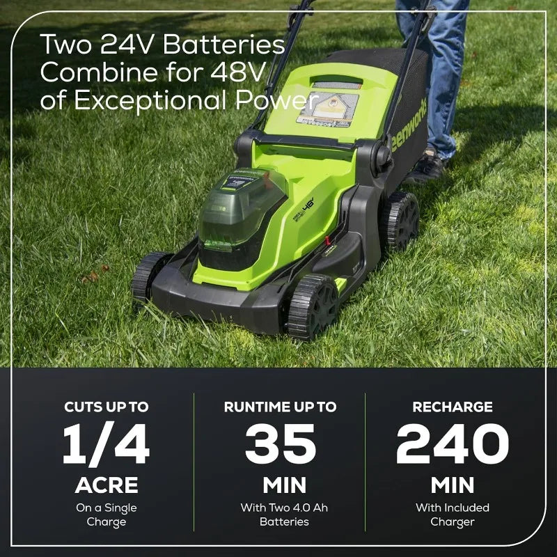 Brushless Push Mower 48V 17" with Two 4.0Ah Batteries & 2A Dual Port Charger, 6-Position Height Adjustment, Mulching & Rear Bagging