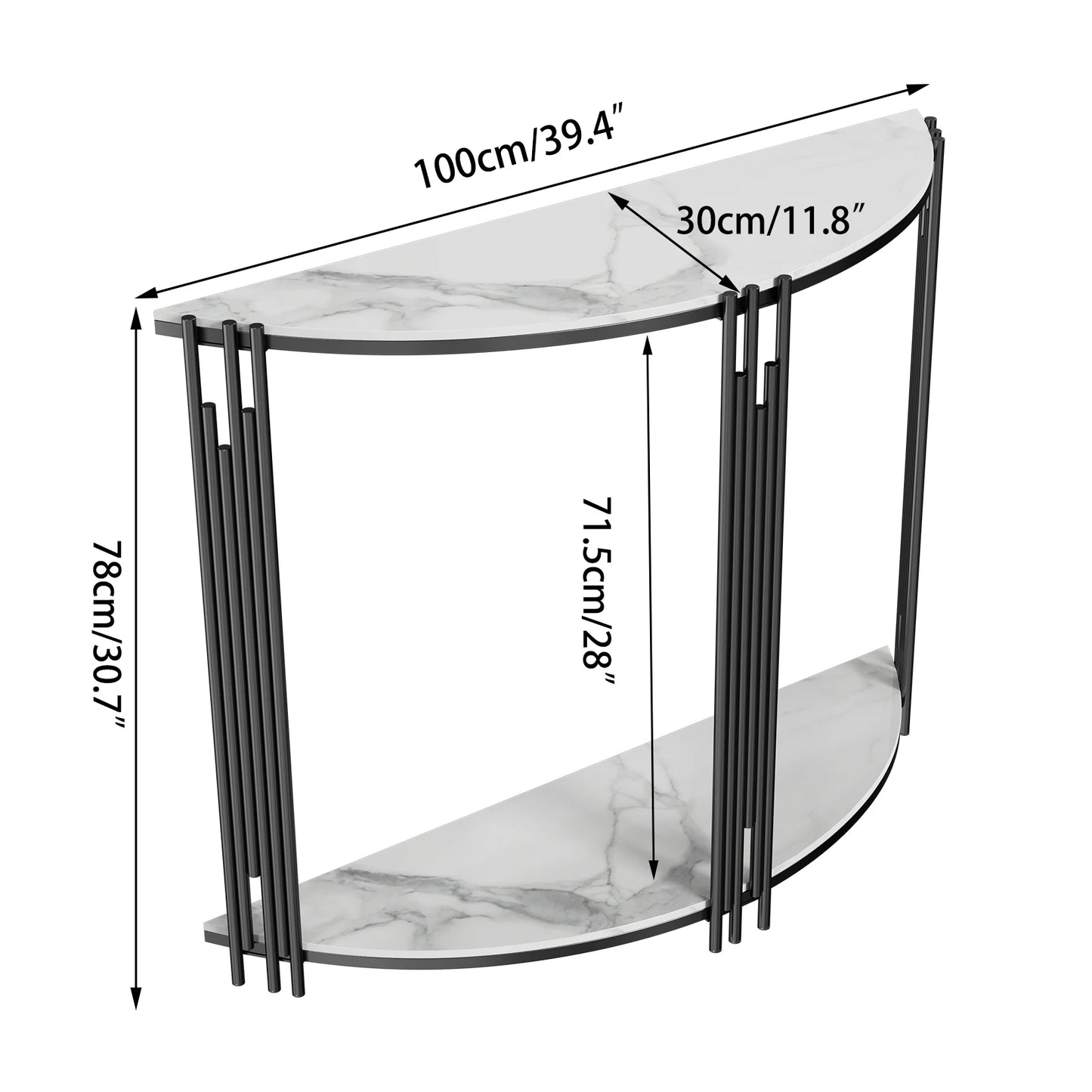 Half Moon 2-Tiered Entryway Table with Glossy White Sintered Stone Top & Black Metal Base, Place Against a Wall or The Back of Sofa