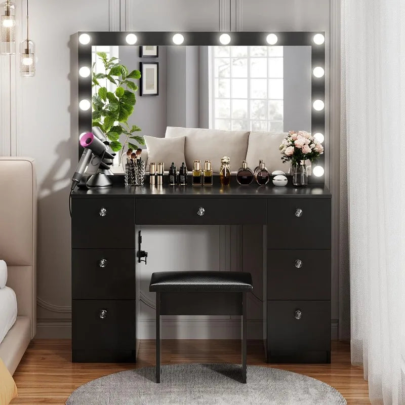 Makeup Vanity Desk 44" with 14 Led Lighted Mirror, Power Outlet and 7 Drawers, 3 Color Lighting Modes