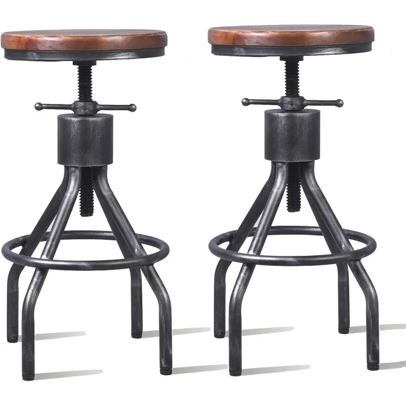 Industrial Bar Stool, Swivel Wood Seat, Height Adjustable 33"-23", 2pcs